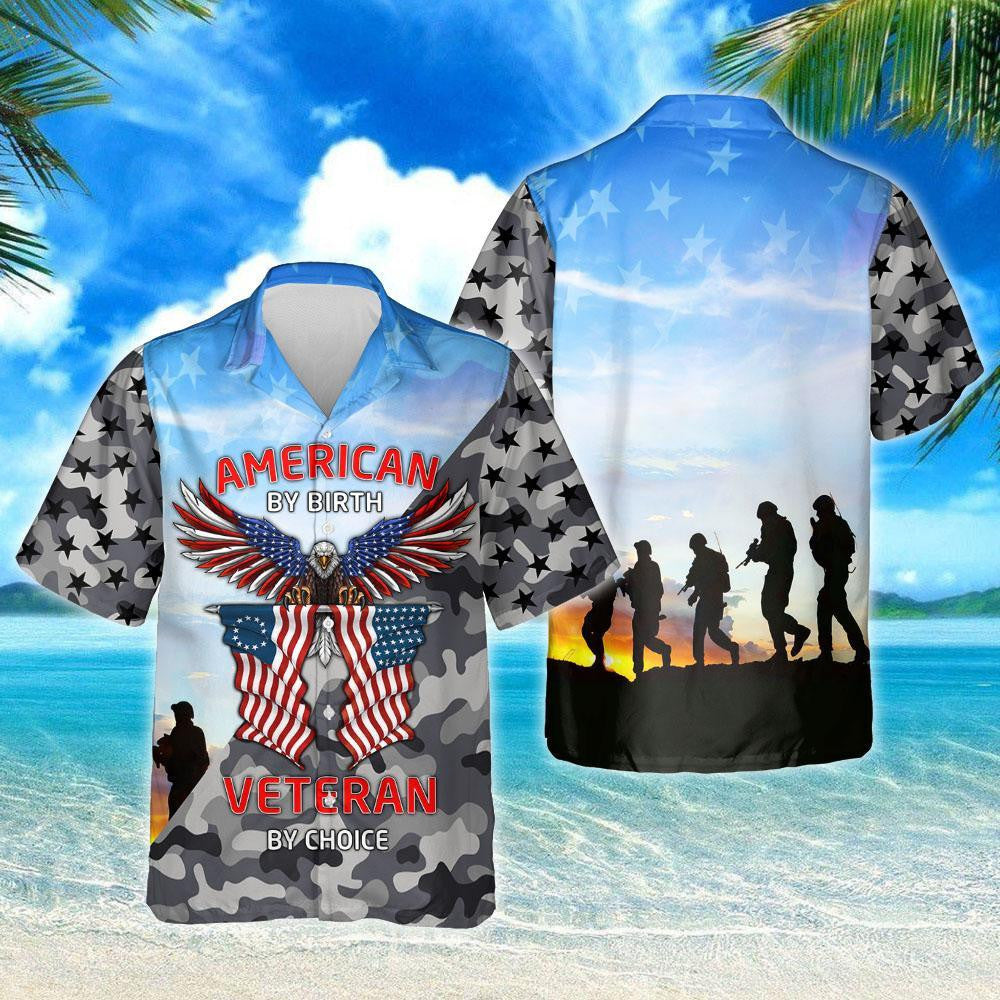Gray Camo American By Birth Veteran By Choice Hawaiian Shirt, Hawaiian Shirt Gift, Christmas Gift