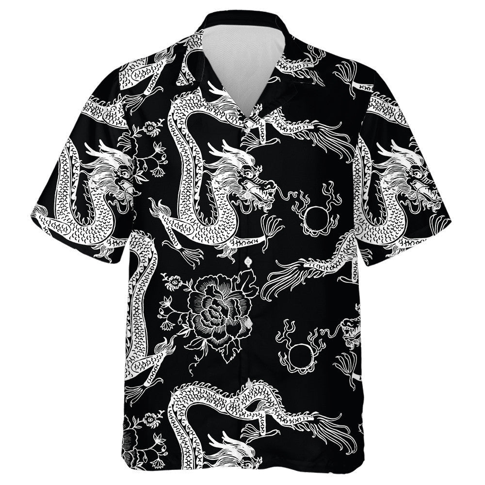 Beautiful Vintage Ink Chinese Dragon Black And White Hawaiian Shirt, Hawaiian Shirt Gift, Christmas Gift
