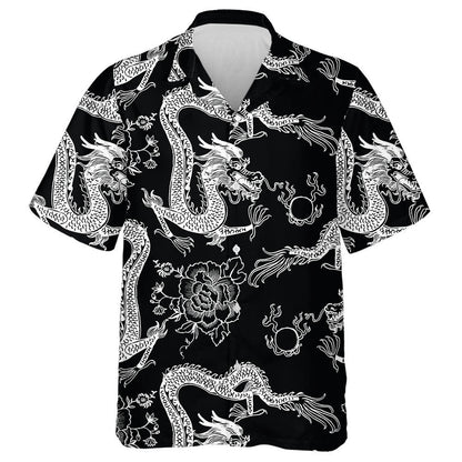 Beautiful Vintage Ink Chinese Dragon Black And White Hawaiian Shirt, Hawaiian Shirt Gift, Christmas Gift