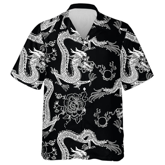 Beautiful Vintage Ink Chinese Dragon Black And White Hawaiian Shirt, Hawaiian Shirt Gift, Christmas Gift