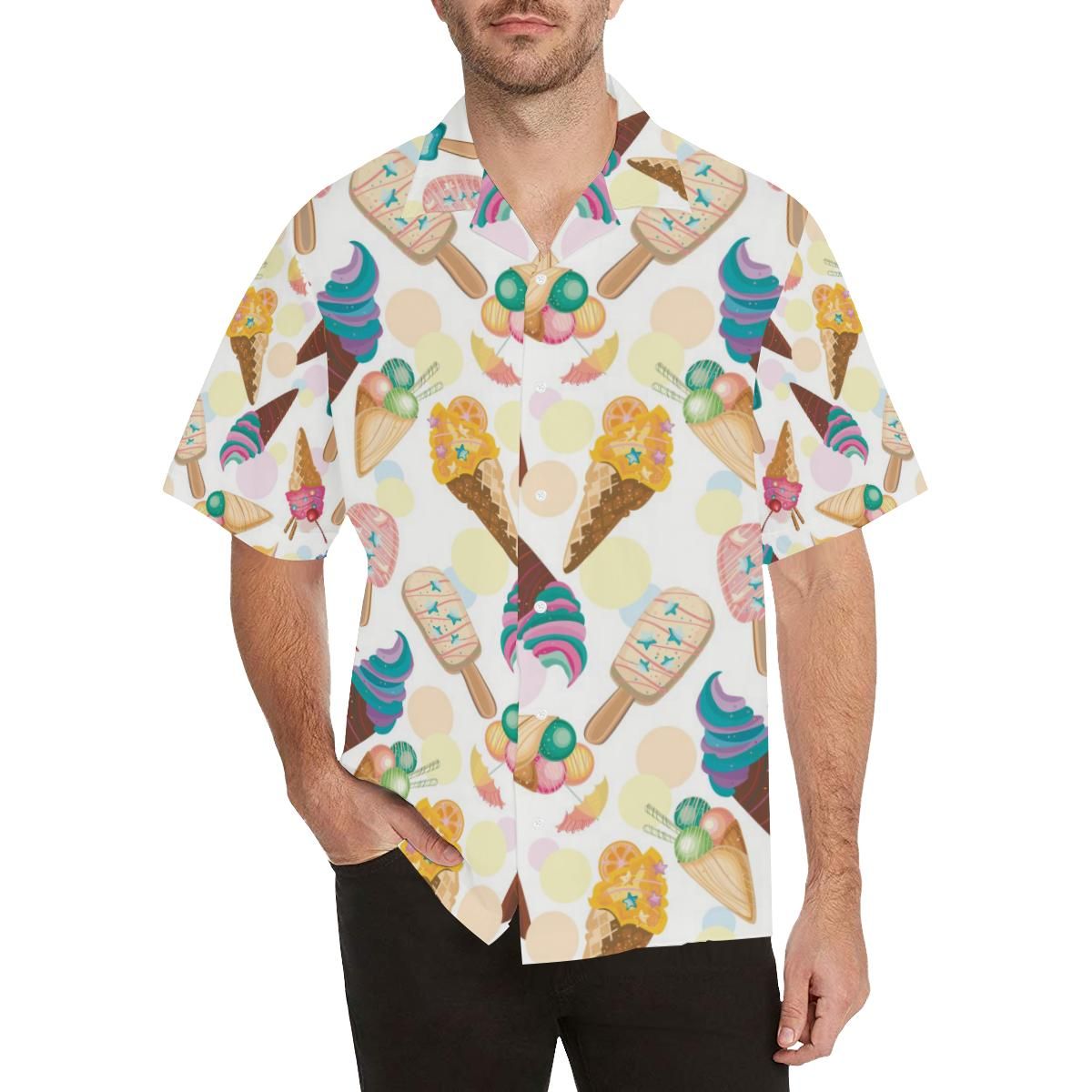 Colorful Ice Cream Pattern Men's All Over Print Hawaiian Aloha Shirt, Hwaiian For Gift