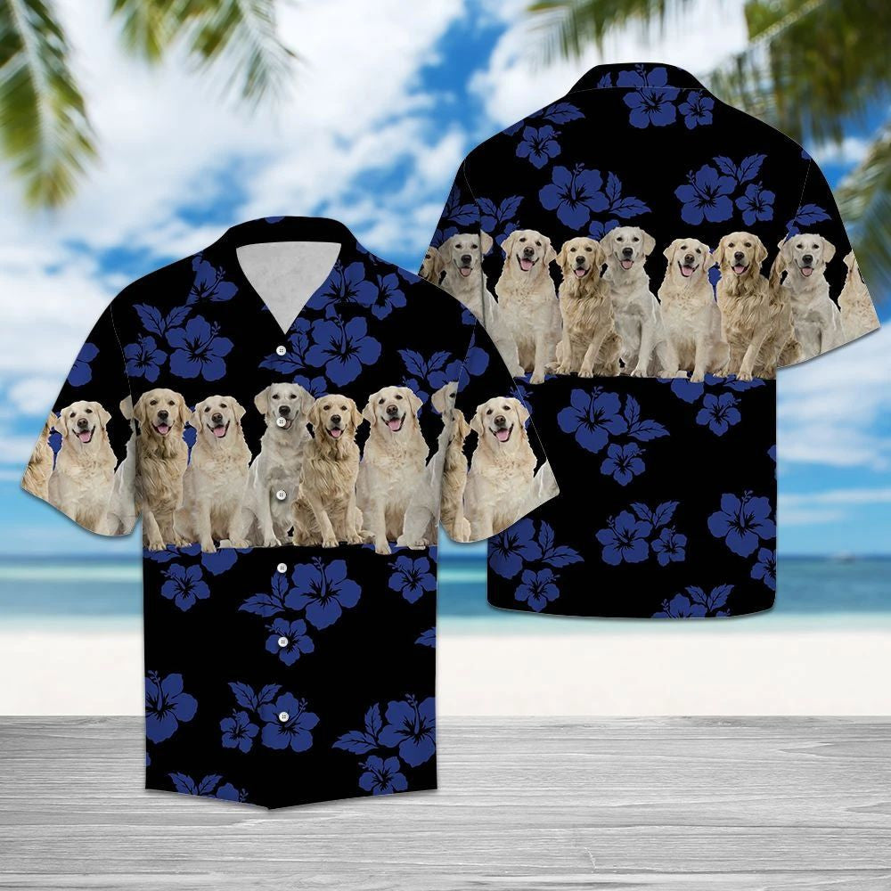 Awesome Golden Retriever Tropical Hibiscus On Black Pattern Hawaiian Shirt, Hawaiian Shirt Gift, Christmas Gift
