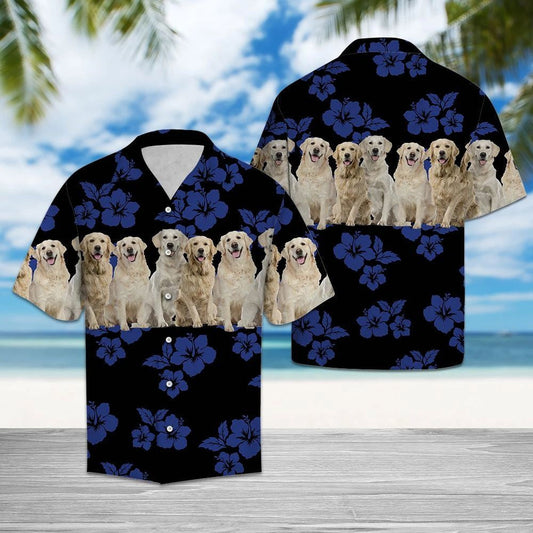 Awesome Golden Retriever Tropical Hibiscus On Black Pattern Hawaiian Shirt, Hawaiian Shirt Gift, Christmas Gift