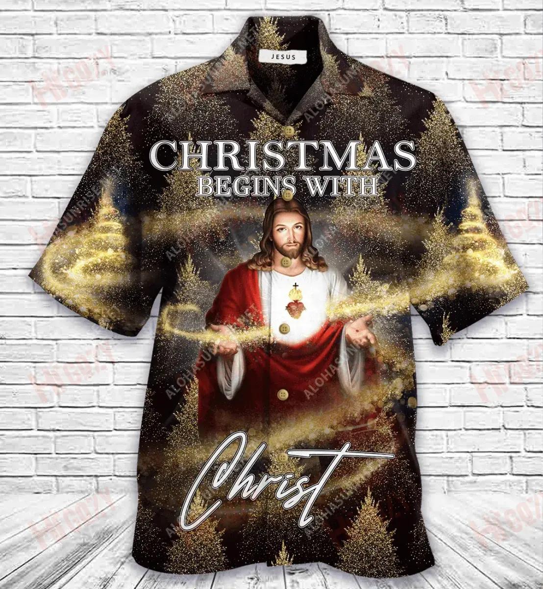 Christmas Begins With Jesus Short Hawaiian Shirt Vacation Aloha Shirt Best Hawaiian Shirts Hawaiian Shirts For Women, Hawaiian Shirt Gift, Christmas Gift
