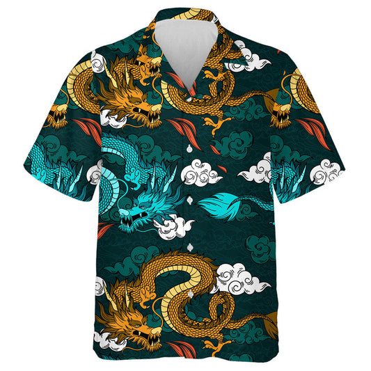 Vintage Chinese Dragon And Clouds On Green Hawaiian Shirt, Hawaiian Shirt Gift, Christmas Gift