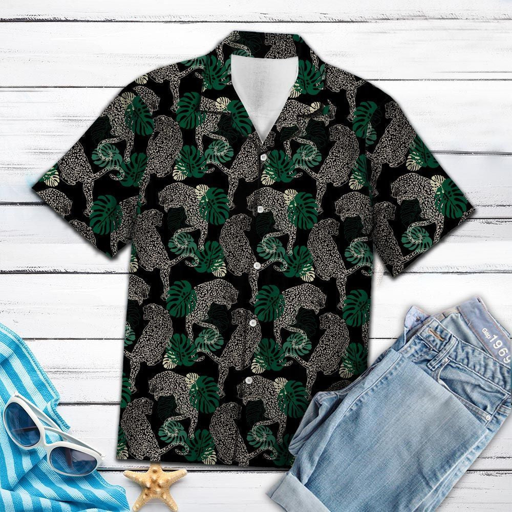 Leopard In Deep Forest Green Monstera Leaves Hawaiian Shirt, Hawaiian Shirt Gift, Christmas Gift