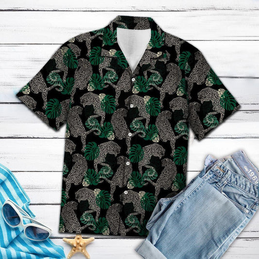 Leopard In Deep Forest Green Monstera Leaves Hawaiian Shirt, Hawaiian Shirt Gift, Christmas Gift