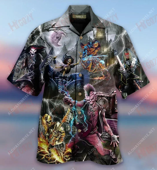 Skull On Party Music At Midnight Short Hawaiian Shirt Hobbies Tropical Shirts Best Hawaiian Shirts Funny Hawaiian Shirts, Hawaiian Shirt Gift, Christmas Gift