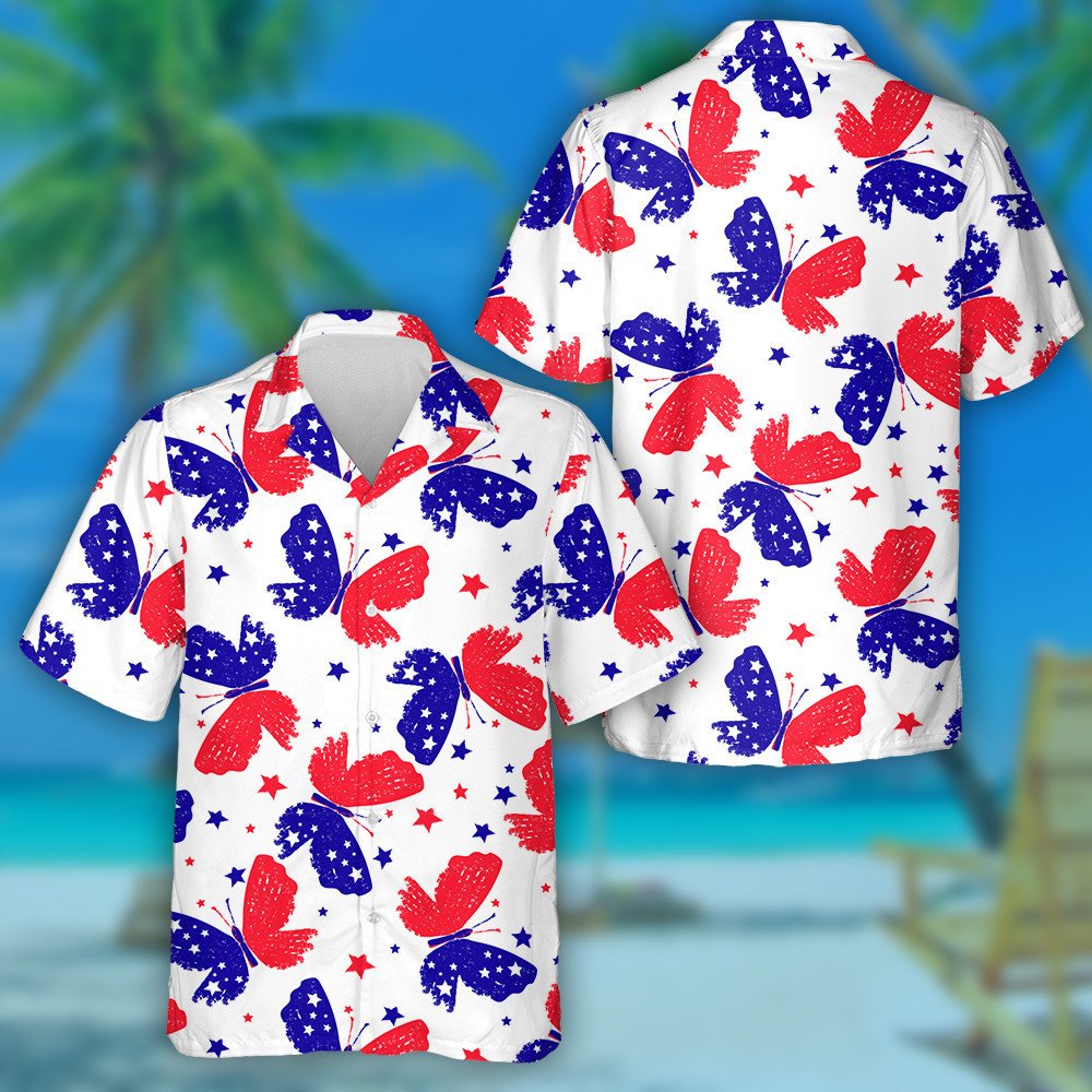 Theme Tricolor Red Blue White Butterflies And Stars Hawaiian Shirt, Hawaiian Shirt Gift, Christmas Gift