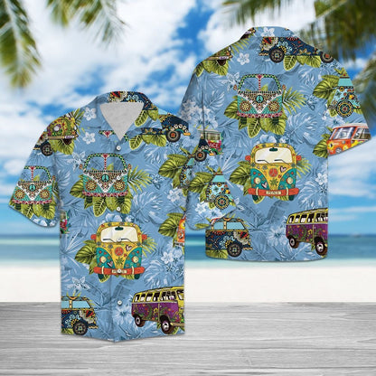 Deluxe Tropical Hippie Bus Mix Blue Theme Hawaiian Shirt, Hawaiian Shirt Gift, Christmas Gift