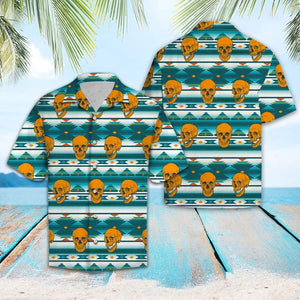 Yellow Skull Teal Aztec Arrow Hawaiian Shirt, Hwaiian For Gift