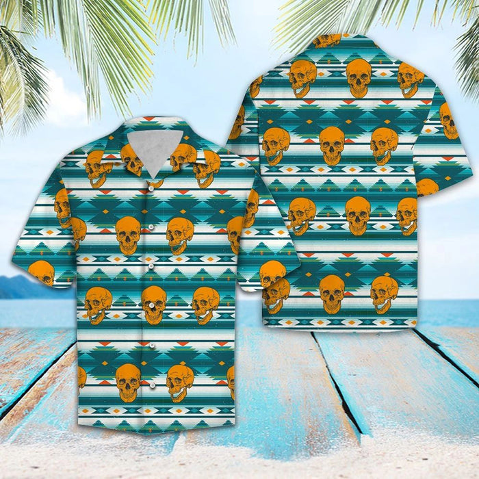 Yellow Skull Teal Aztec Arrow Hawaiian Shirt, Hwaiian For Gift