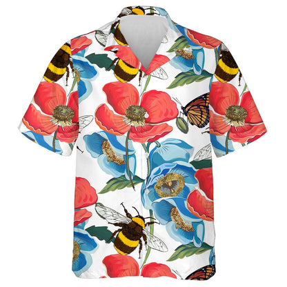 Theme Red Poppy Flowers With Bumblebee And Butterfly Hawaiian Shirt, Hawaiian Shirt Gift, Christmas Gift