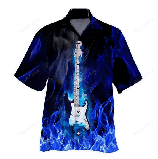 Incredible Dark Bule Fire Electric Guitar Design Hawaiian Shirt, Hawaiian Shirt Gift, Christmas Gift