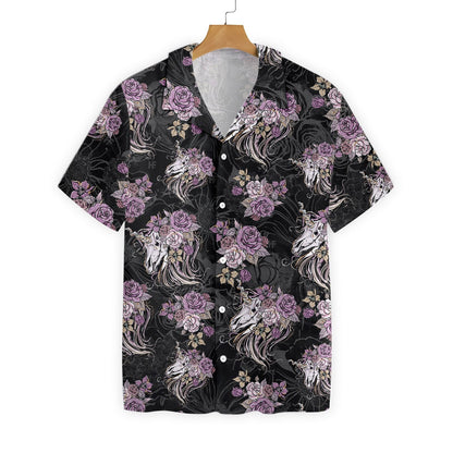 Unicorn Skull Flowers On Black Background Design Hawaiian Shirt, Hawaiian Shirt Gift, Christmas Gift