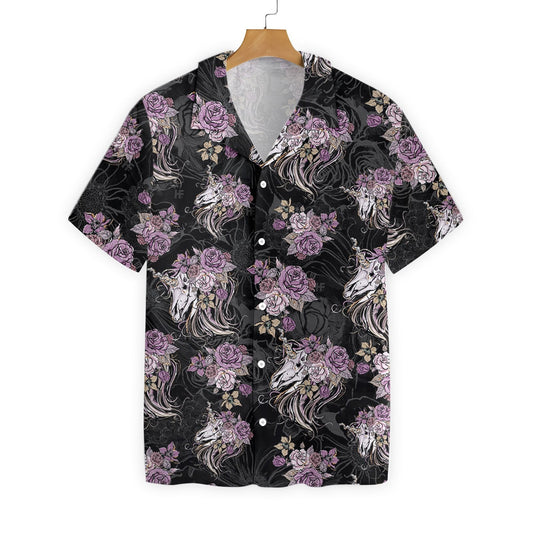 Unicorn Skull Flowers On Black Background Design Hawaiian Shirt, Hawaiian Shirt Gift, Christmas Gift