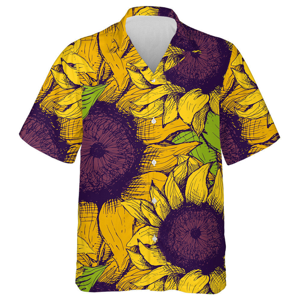 Hand Drawn Flower Sunflower With Purple Heart And Rose Hawaiian Shirt, Hawaiian Shirt Gift, Christmas Gift