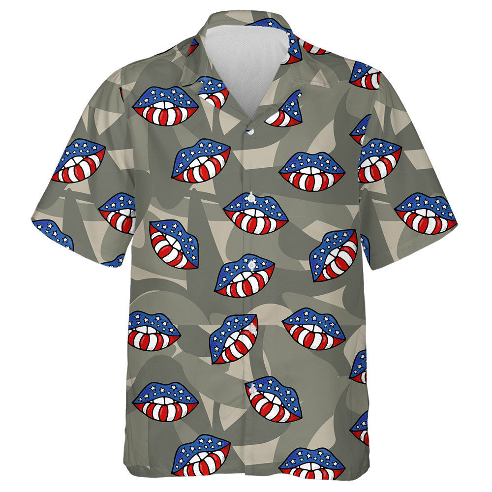 Lips Of The Flag Of America On Camouflage Military Background Hawaiian Shirt, Hawaiian Shirt Gift, Christmas Gift