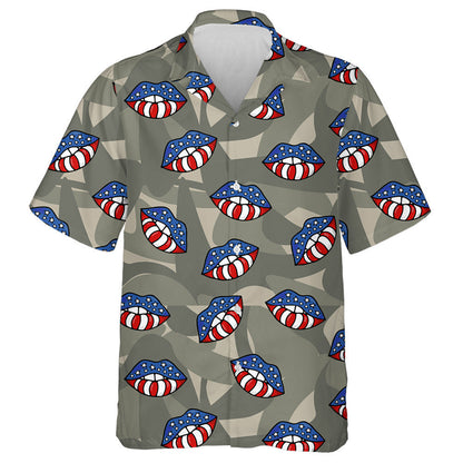 Lips Of The Flag Of America On Camouflage Military Background Hawaiian Shirt, Hawaiian Shirt Gift, Christmas Gift