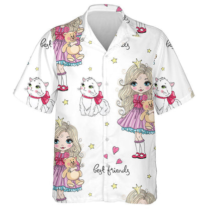 Hand Drawn Cute Little Princess Girl And Cat Hawaiian Shirt, Hawaiian Shirt Gift, Christmas Gift