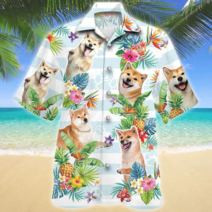 Smiling Shiba Inu Dog Tropical Flower Pattern Hawaiian Shirt, Hawaiian Shirt Gift, Christmas Gift