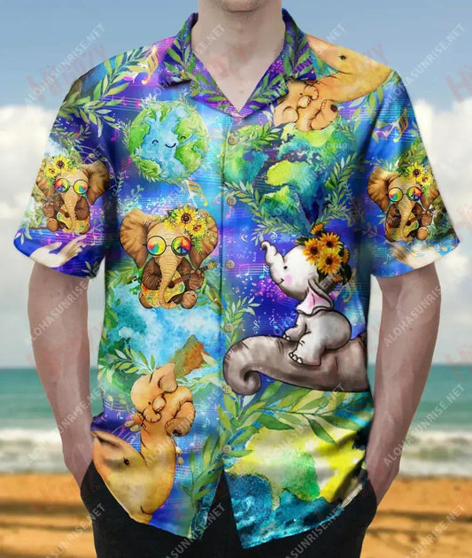 Happy Elephants In A Wonderful World Short Sleeve Shirt Summer Hawaiian T Shirts Custom Hawaiian Shirts Hawaiian Shirts For Women, Hawaiian Shirt Gift, Christmas Gift