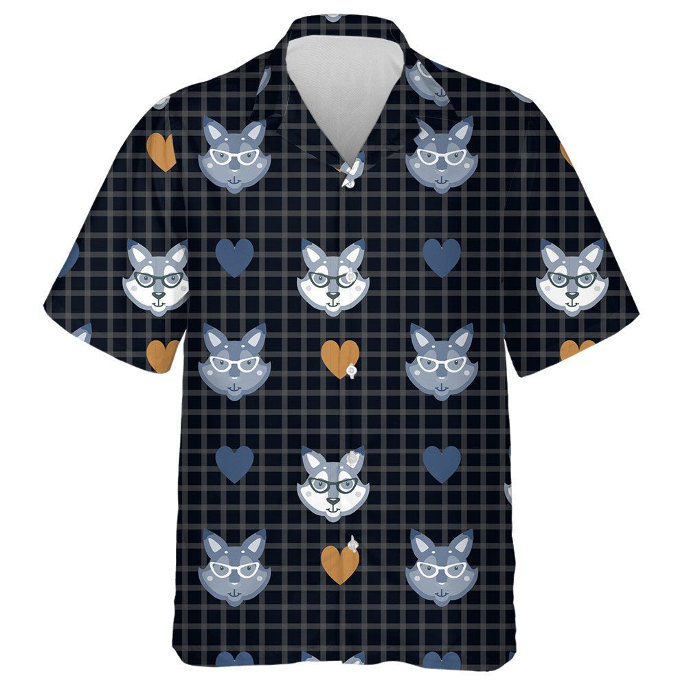 Hipster With Wolf In Glasses On Check Black Background Hawaiian Shirt, Hawaiian Shirt Gift, Christmas Gift