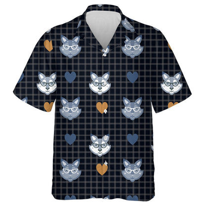 Hipster With Wolf In Glasses On Check Black Background Hawaiian Shirt, Hawaiian Shirt Gift, Christmas Gift