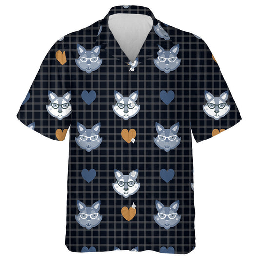 Hipster With Wolf In Glasses On Check Black Background Hawaiian Shirt, Hawaiian Shirt Gift, Christmas Gift