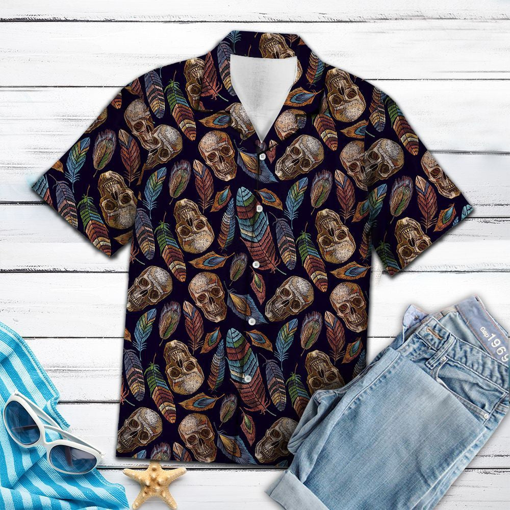 Tribal Feathers With Skull In Black Hawaiian Shirt,Hawaiian Shirt Gift, Christmas Gift