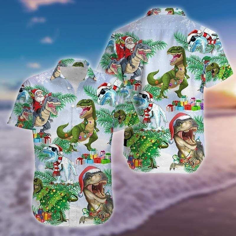 Funny Tree Rex T-rex On Christmas Vintage Style Design Hawaiian Shirt, Hawaiian Shirt Gift, Christmas Gift