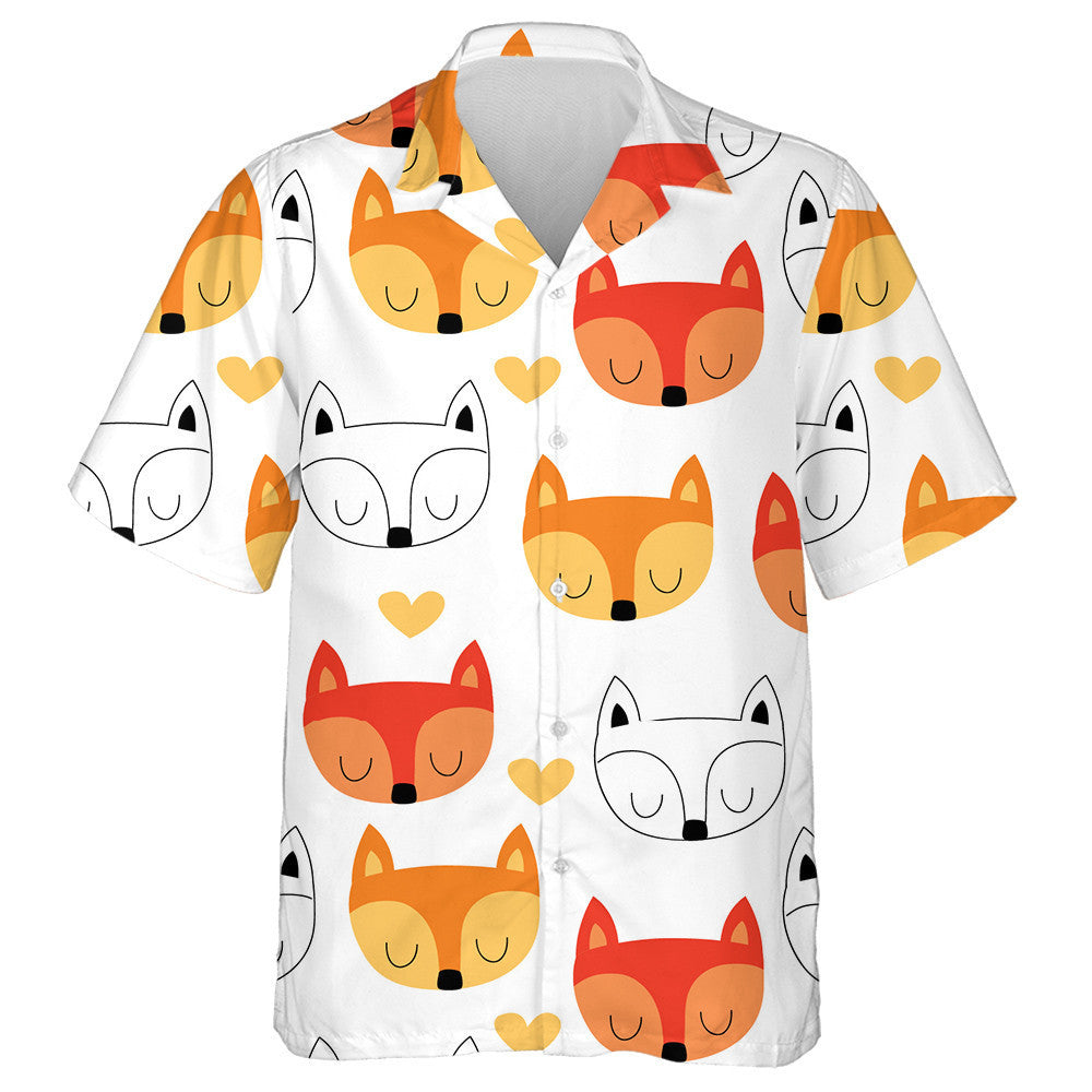 Sketch Lovely Face Of Cartoon Fox And Hearts Pattern Hawaiian Shirt, Hawaiian Shirt Gift, Christmas Gift