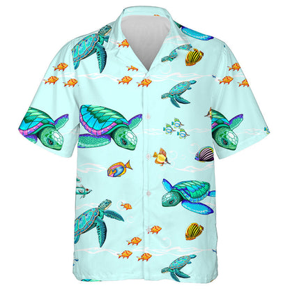 Vintage Blue Turtles In Indigenous Style Hawaiian Shirt, Hwaiian For Gift