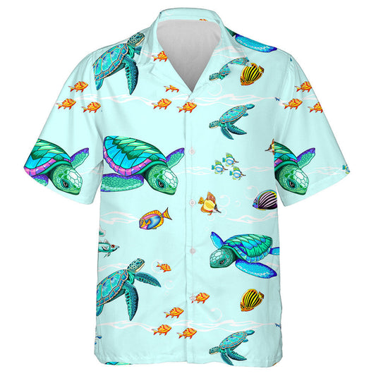 Vintage Blue Turtles In Indigenous Style Hawaiian Shirt, Hwaiian For Gift