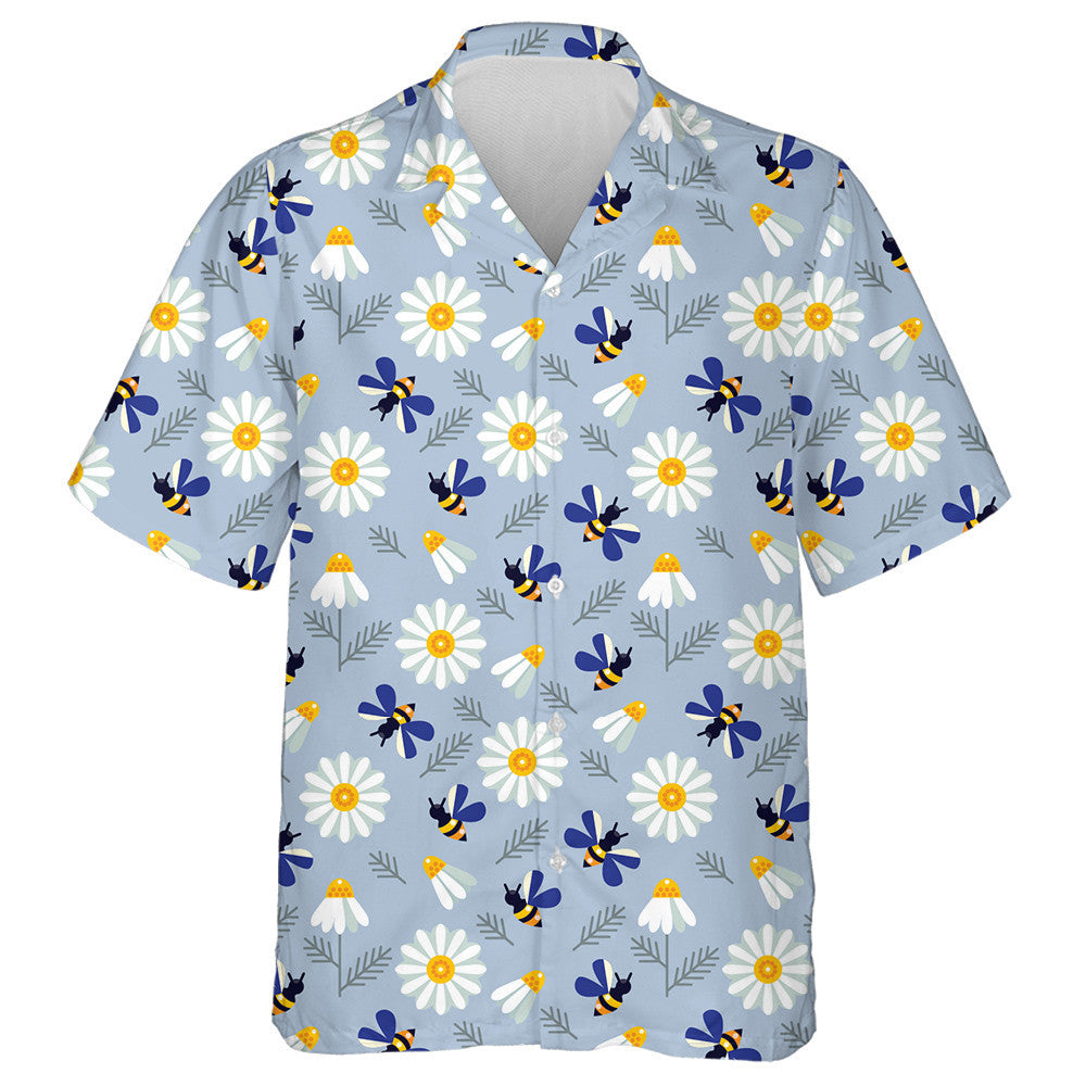 Blue Wing Bees And Chamomile Flowers Hawaiian Shirt, Hawaiian For Gift