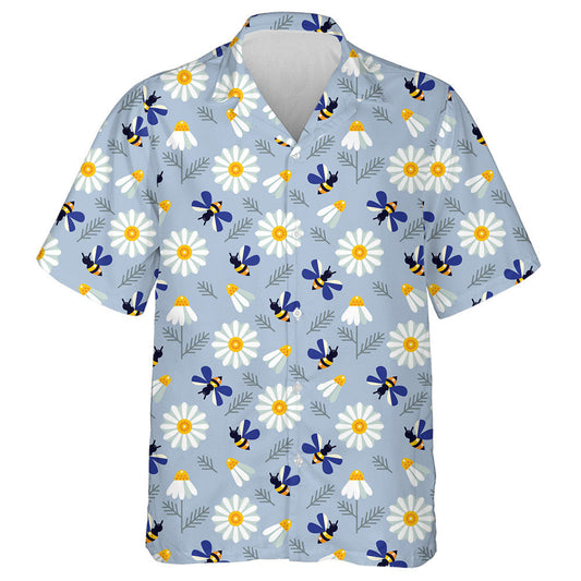 Blue Wing Bees And Chamomile Flowers Hawaiian Shirt, Hawaiian For Gift