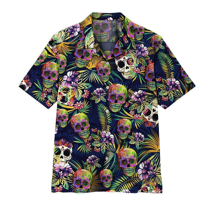 Sugar Skull And Leaves Pattern Hawaiian Shirt,Hawaiian Shirt Gift, Christmas Gift