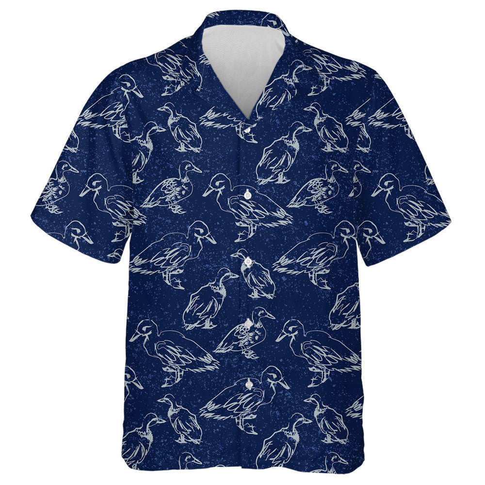 Hand Drawn Retro Cartoon Duck Walking Near Pond Hawaiian Shirt, Hawaiian Shirt Gift, Christmas Gift