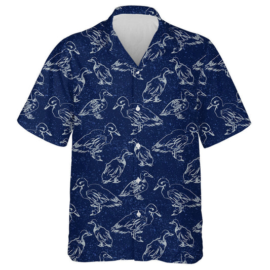 Hand Drawn Retro Cartoon Duck Walking Near Pond Hawaiian Shirt, Hawaiian Shirt Gift, Christmas Gift