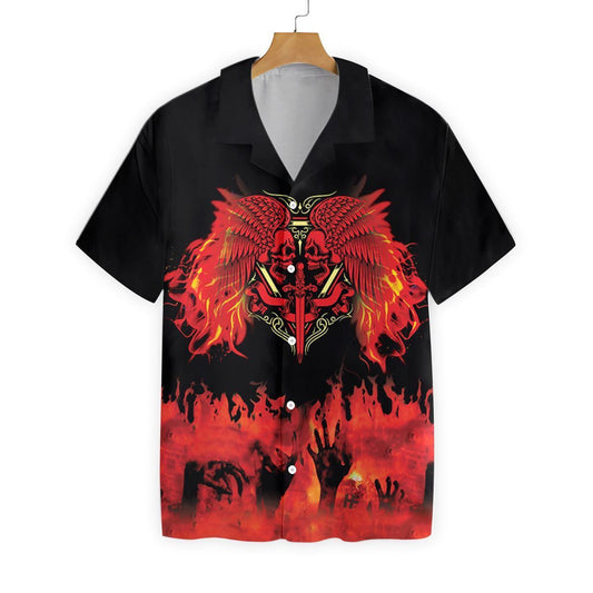 Two Faced Skull On Fire Black And Red Design Hawaiian Shirt, Hawaiian Shirt Gift, Christmas Gift