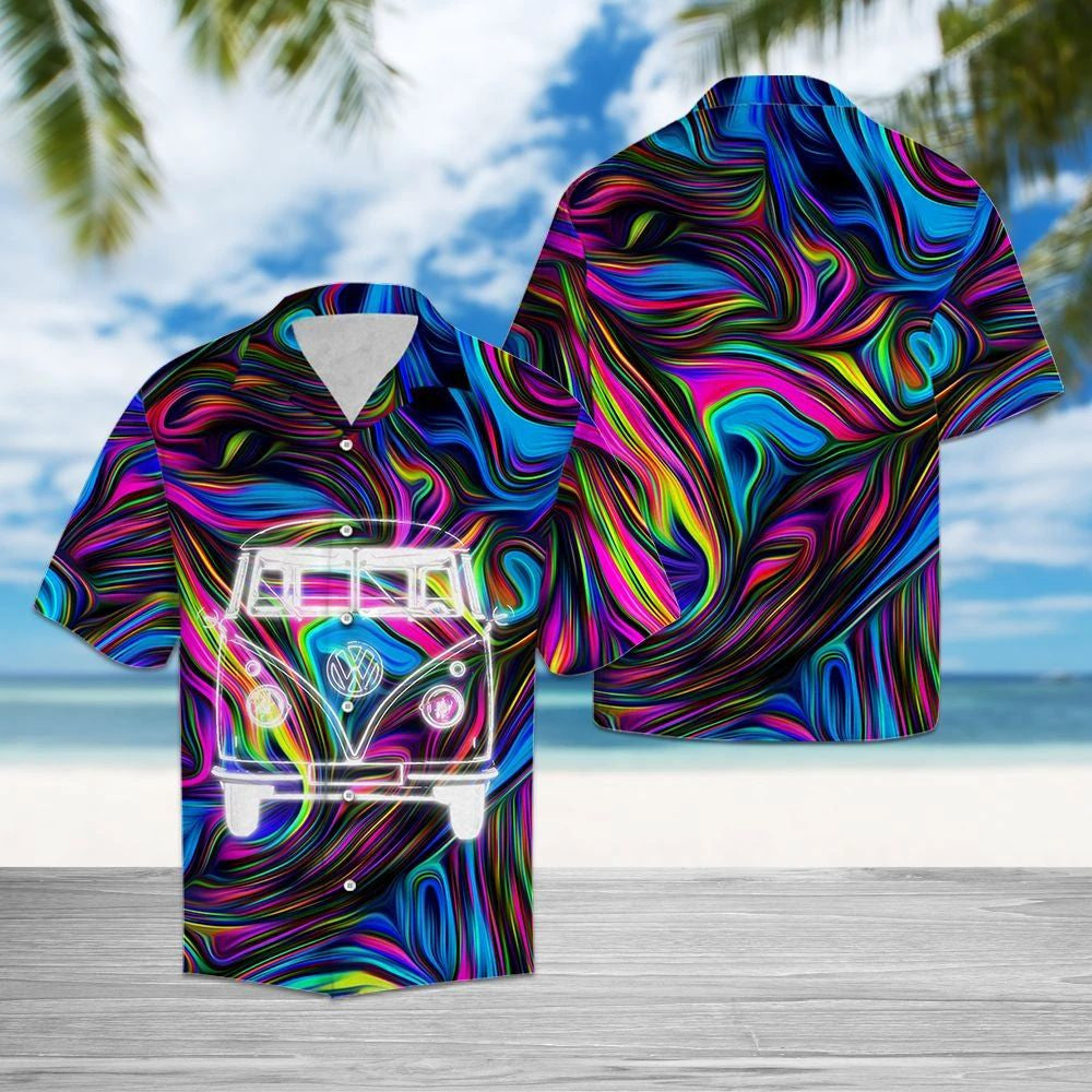 Watercolor Hippie Bus On Tie Dye Pattern Hawaiian Shirt, Hawaiian Shirt Gift, Christmas Gift