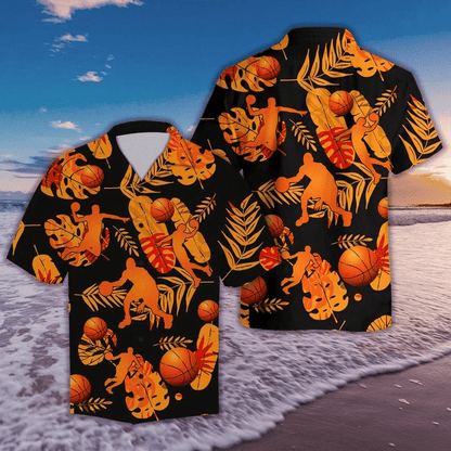 Basketball Player Orange Silhouettes Design Hawaiian Shirt, Hawaiian For Gift