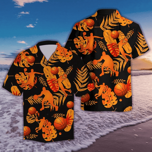 Basketball Player Orange Silhouettes Design Hawaiian Shirt, Hawaiian For Gift