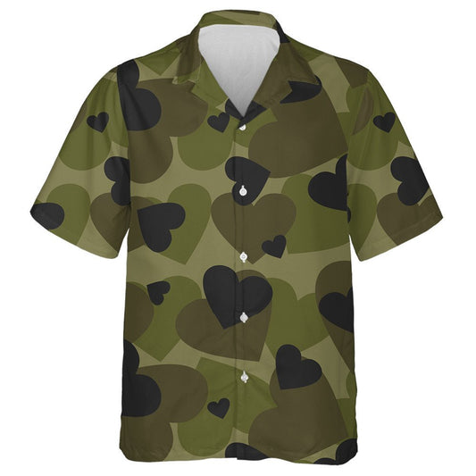 Dark Green Heart Shape Camouflage Military Hawaiian Shirt,Hawaiian Shirt Gift, Christmas Gift