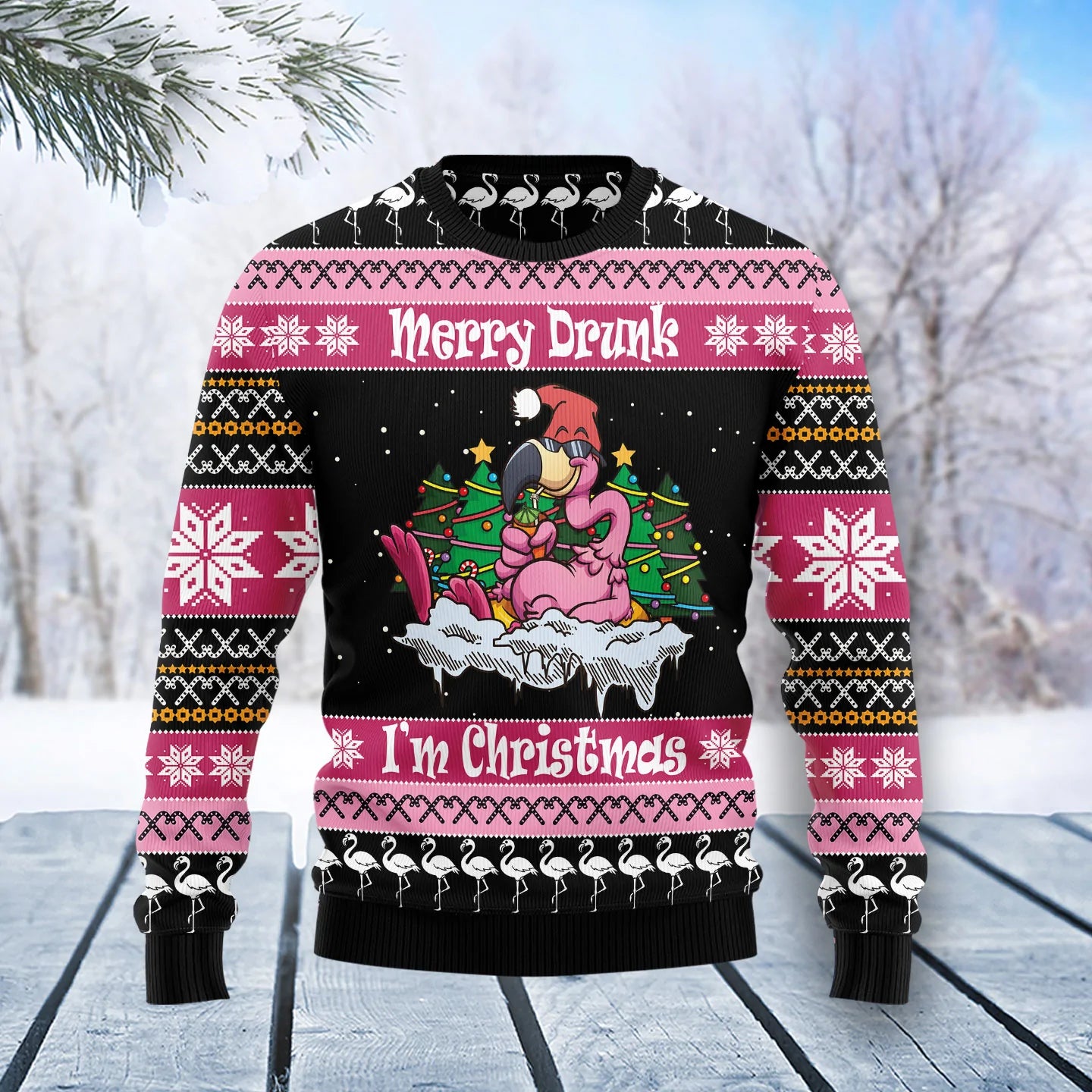 Flamingo Drunk Christmas unisex womens & mens, couples matching, friends, funny family ugly christmas holiday sweater gift , Christmas Ugly Sweater