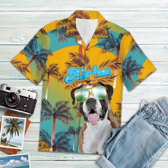 Palm Tree And Dog Watercolor Design Hawaiian Shirt,Hawaiian Shirt Gift, Christmas Gift