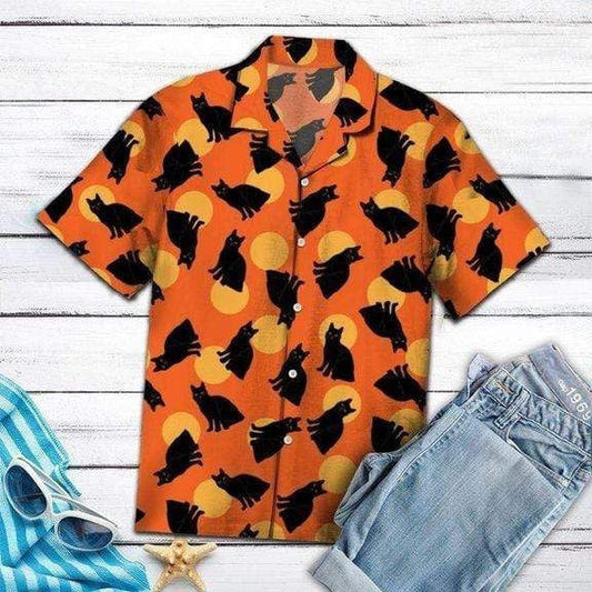 Halloween Black Cat On Orange Background Hawaiian Shirt, Hawaiian For Gift