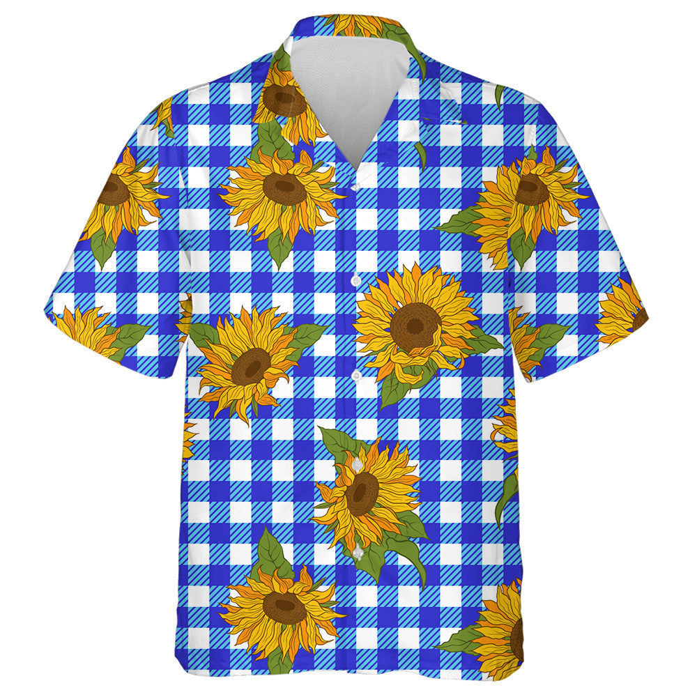 Vibrant Bright Sunflowers On Dark Blue Checkered Background Hawaiian Shirt, Hawaiian Shirt Gift, Christmas Gift