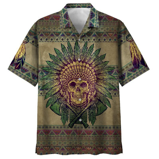 Native American Skull Cross Green Feathers Pattern Hawaiian Shirt, Hawaiian Shirt Gift, Christmas Gift