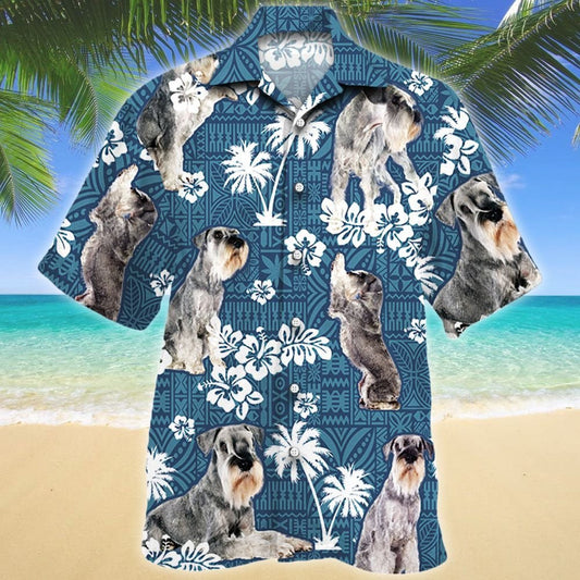 Tropical Hibiscus Standard Schnauzer Dog Blue Tribal Pattern Hawaiian Shirt, Hawaiian Shirt Gift, Christmas Gift